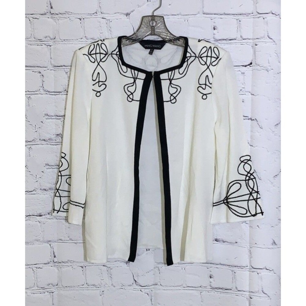 Ming Wang Knit Cardigan Small Cream Black Geometric  Open Front Jacket